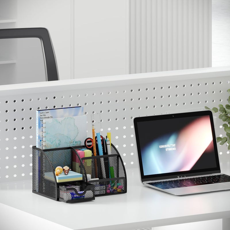 EasyPAG Mesh Desk Organizer with Drawer Multi-functional Pen Holder Stationery Organizer for Office School Supplies 6 Compartments Dorm Organizers and Storage for Desk, Black - Image 5